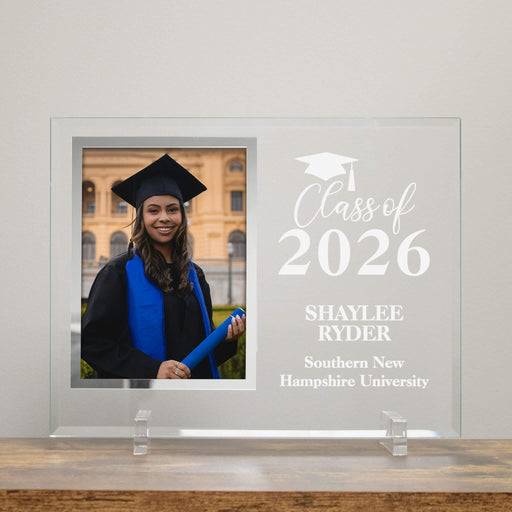 Graduation-themed personalized frame with a photo of a graduate and text 'Class of 2026' and 'Shaylee Ryder Southern New Hampshire University'.