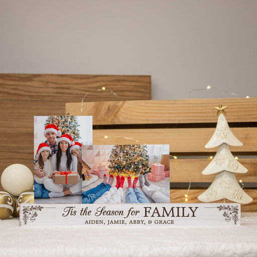 Christmas photo display bar engraved with "Tis the Season for FAMILY" and personalized with custom names
