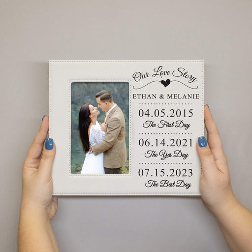 Personalized photo frame with engraved couple's name and special dates, held by hands against a neutral background.