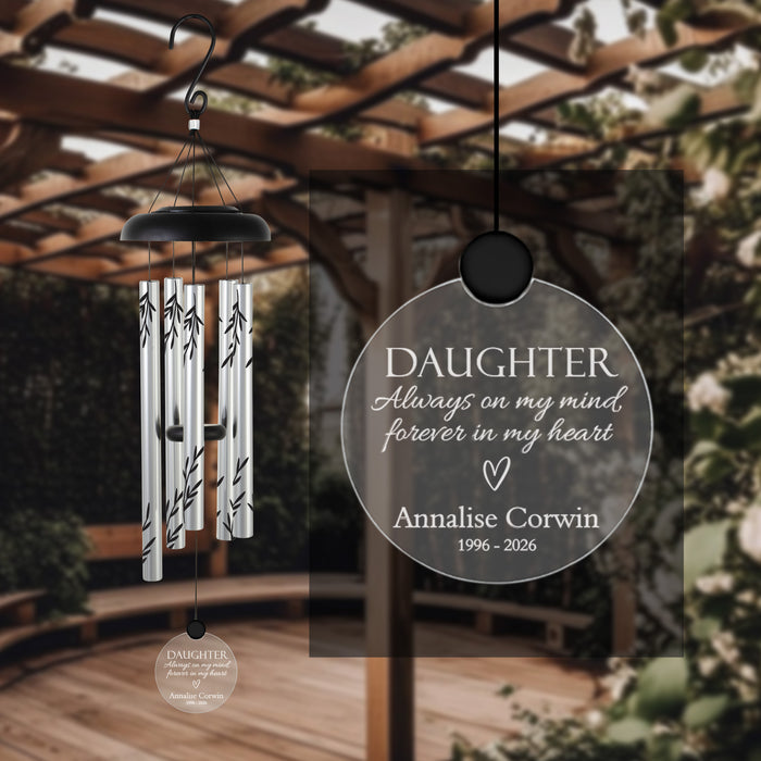 daughter always on my mind forever in my heart solar wind chime sympathy gift hanging in a gazebo