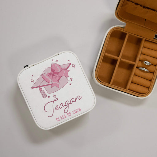 Personalized pink bow graduation jewelry box in white