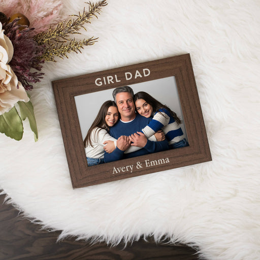 brown girl dad picture frame with daughters names engraved at the bottom