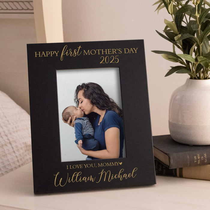 Personalized photo frame with a photo of a woman and child, text 'Happy first Mother's Day 2025' and 'I love you, mommy William Michael'.