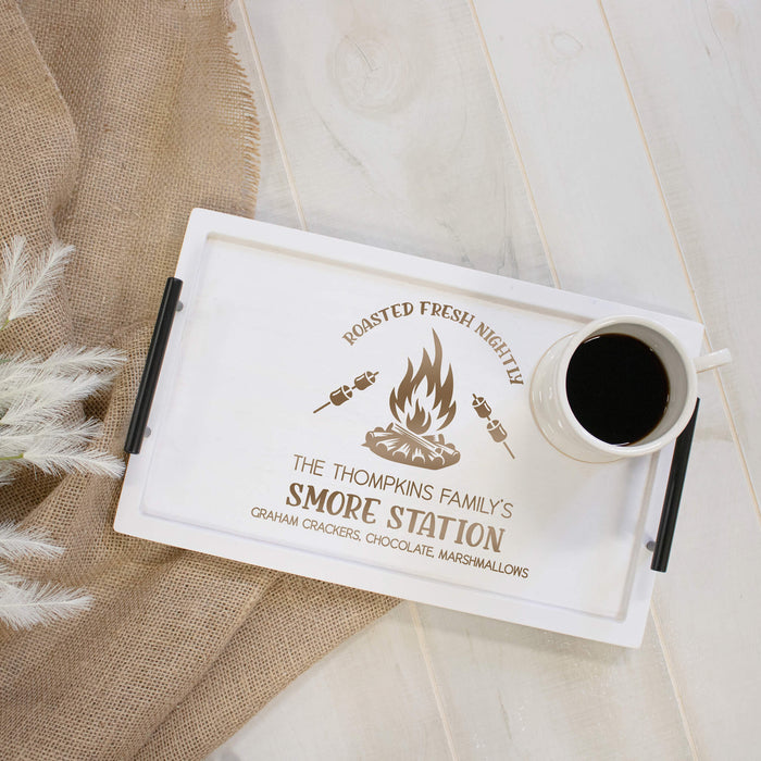 Personalized white s'mores station tray with a cup of coffee on burlap fabric
