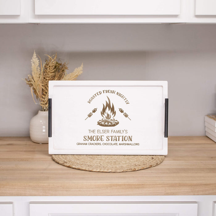 Personalized white snack tray with 'Smore Station' design on a kitchen counter.