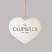 wooden heart Christmas ornament engraved with a couple's last name and established year