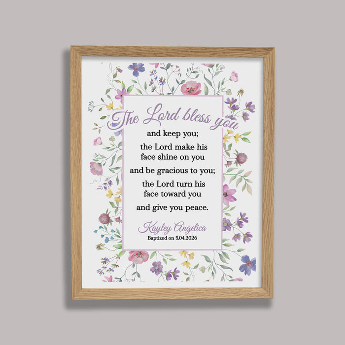 Framed print with floral religious design and text on a gray background