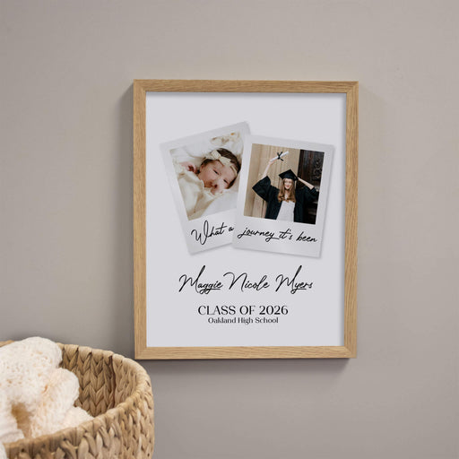 Rustic wood framed graduation gift deigned with then and now polaroid pictures of the graduate and is personalized with their name and school
