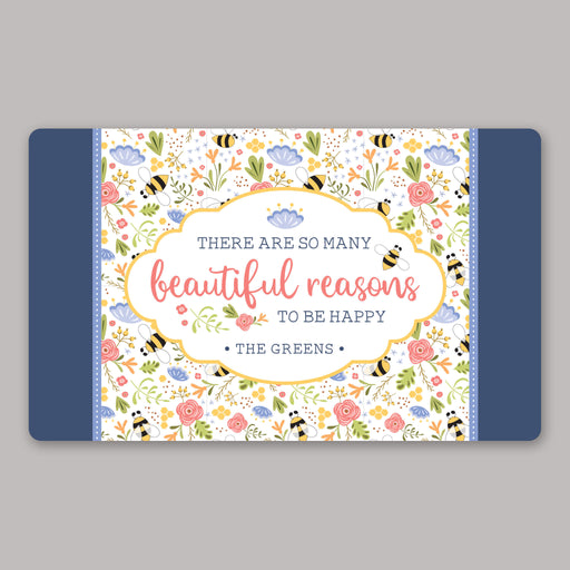 Doormat with floral design and motivational quote personalized with a last name on a gray background