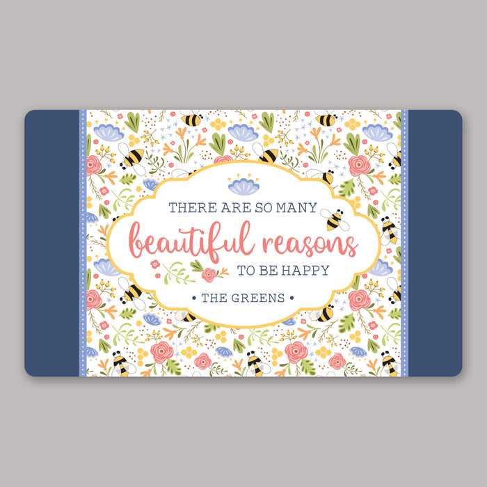 Doormat with floral design and motivational quote personalized with a last name on a gray background