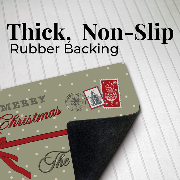 A holiday-themed mat with a beige Christmas design and a thick black non-slip rubber backing, shown on a white paneled background with text reading 'Thick, Non-Slip Rubber Backing'.