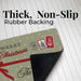A holiday-themed mat with a beige Christmas design and a thick black non-slip rubber backing, shown on a white paneled background with text reading 'Thick, Non-Slip Rubber Backing'.