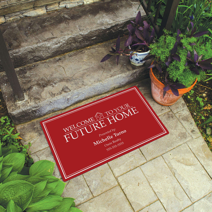 red and white welcome mat for realtor to display at open house with name and phone number
