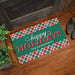 A rectangular holiday doormat with a green center panel reading “happy Holidays” and “THE DAVENPORTS,” surrounded by red, green, and white plaid borders, shown on a wooden floor near a door with shoes and a plant nearby.