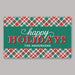 A rectangular holiday door mat with a green center panel reading “happy HOLIDAYS” and “THE ANDERSONS,” framed by red, green, and white plaid borders on a light gray background.