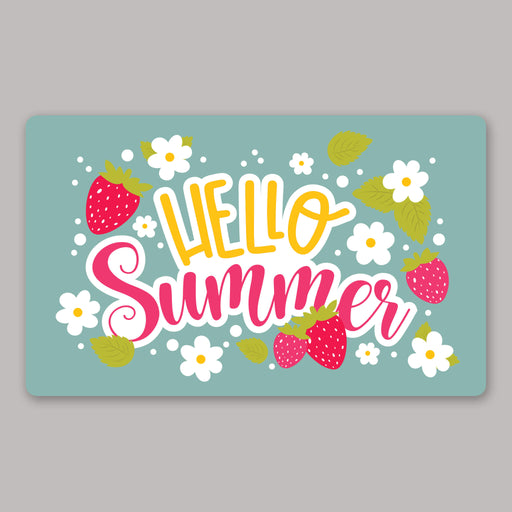 Doormat with 'Hello Summer' text surrounded by strawberries and flowers on a light blue background