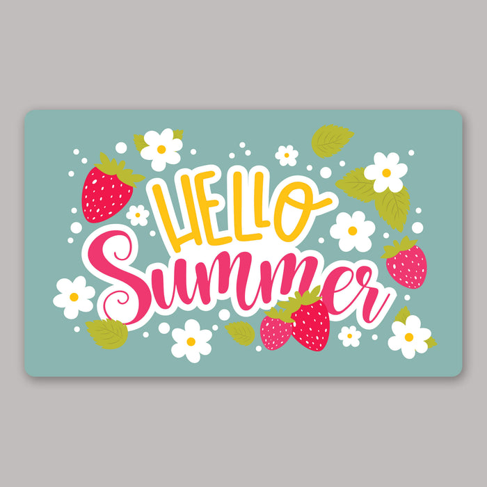 Doormat with 'Hello Summer' text surrounded by strawberries and flowers on a light blue background