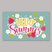 Doormat with 'Hello Summer' text surrounded by strawberries and flowers on a light blue background