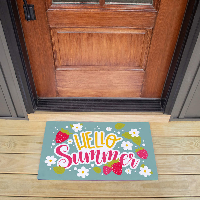 Colorful 'Hello Summer' doormat on a wooden floor in front of a wooden door.