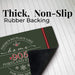 A dark green holiday-themed non-slip mat with a black textured underside, shown on a white paneled background with text reading 'Thick, Non-Slip Rubber Backing'. The mat features white and red text that reads 'There's no place like home for the Holidays'.