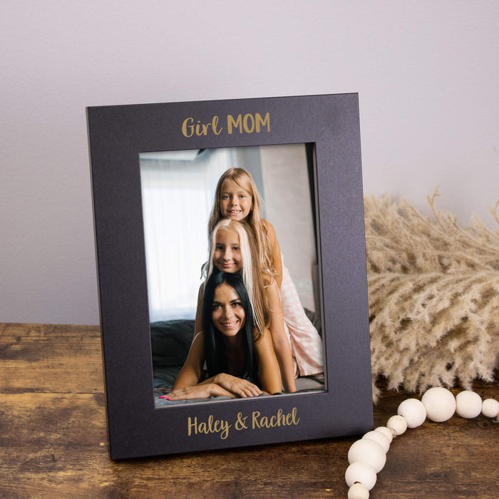 Personalized photo frame with 'Girl Mom' text and a family photo inside, on a wooden surface.