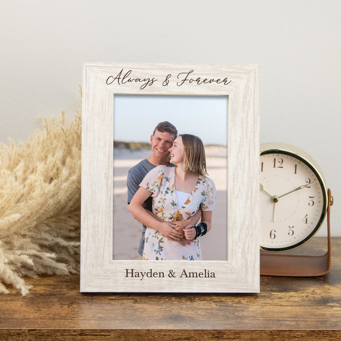 wedding engagement valentines day or anniversary simple picture frame in rustic white with Always & Forever at the top in cursive and the couples names at the bottom