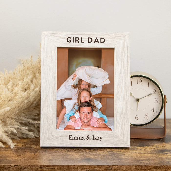 family photo picture frame for father that reads girl dad and has the daughters names personalized