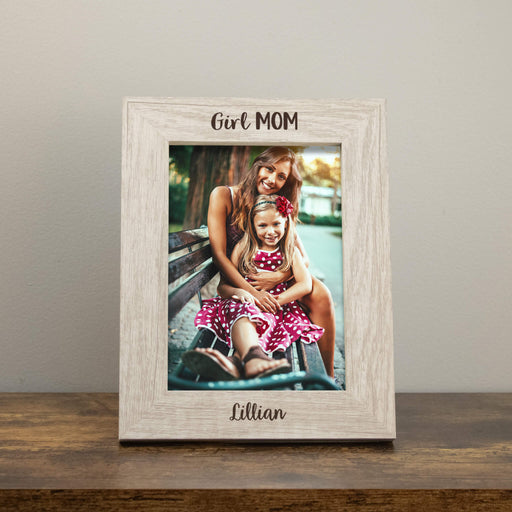 Rustic white photo frame with a picture of a woman and a girl on a bench, labeled 'Girl MOM'