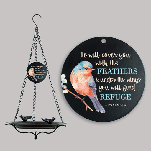 Decorative outdoor bird bath printed with a robin and the Psalm 91:4 bible verse