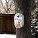 A personalized white Christmas birdhouse hanging on a tree in a snowy backyard. The birdhouse features a light blue and white background with red cardinals, green pine branches, and the text 'LET Heaven AND NATURE SING - THE WHALEN FAMILY'.