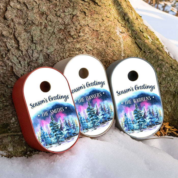 Three personalized Christmas bird houses displayed outdoors on snow next to a large tree trunk. They feature a winter forest illustration with colorful aurora lights and customizable names: 'THE SMITHS', 'THE DANVERS', and 'THE WARRENS'.