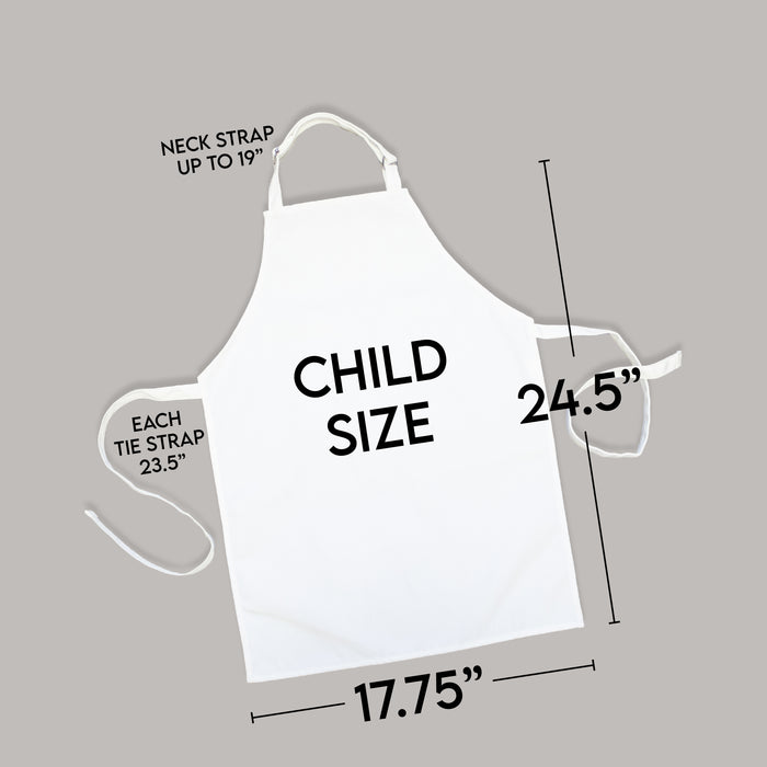 White child-sized apron laid flat on a light gray background with black dimension lines and text showing measurements: neck strap up to 19 inches, each tie strap 23.5 inches, 24.5 inches long, and overall width 17.75 inches