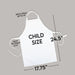 White child-sized apron laid flat on a light gray background with black dimension lines and text showing measurements: neck strap up to 19 inches, each tie strap 23.5 inches, 24.5 inches long, and overall width 17.75 inches