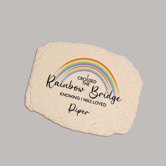 pet memorial garden stone printed with a rainbow bridge design and saying and personalized with a pet's name