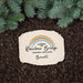 personalized pet memorial grave marker printed with a rainbow design and saying resting on mulch next to a pine tree