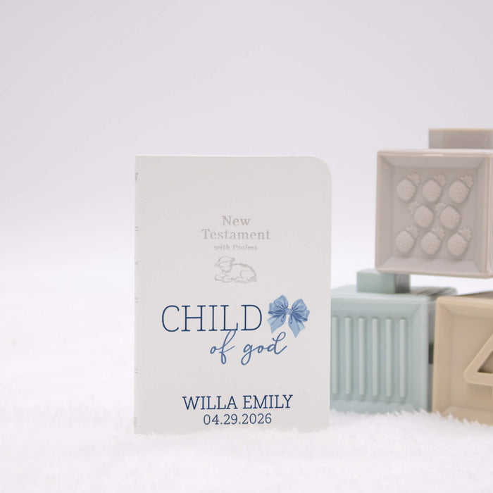 New Testament with 'Child of God' and personalized name on a white background