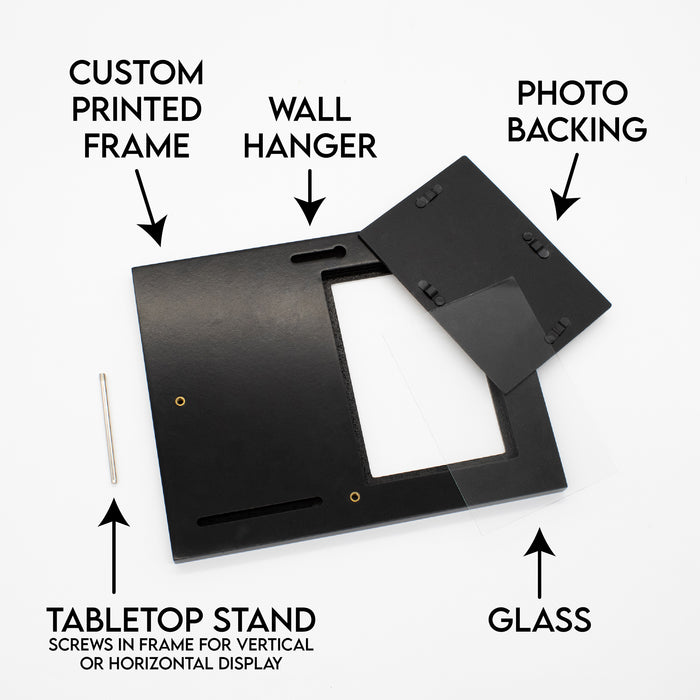 Black photo frame with labeled components on a white background