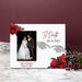 A personalized white photo frame styled on a white marble surface against a dark burgundy background. The plaque features red roses, skeleton hands, and the text 'Til Death Do Us Part' along with a custom wedding photo of a bride and groom.