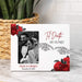 A custom skeleton wedding photo frame displayed on a marble surface next to a wicker basket with a plant. The white picture frame features a black-and-white photo of a bride and groom, red roses, skeleton hands reaching together, and the text 'Til Death DO US PART' and 'FRANK & LORRAINA November 10, 2025'.