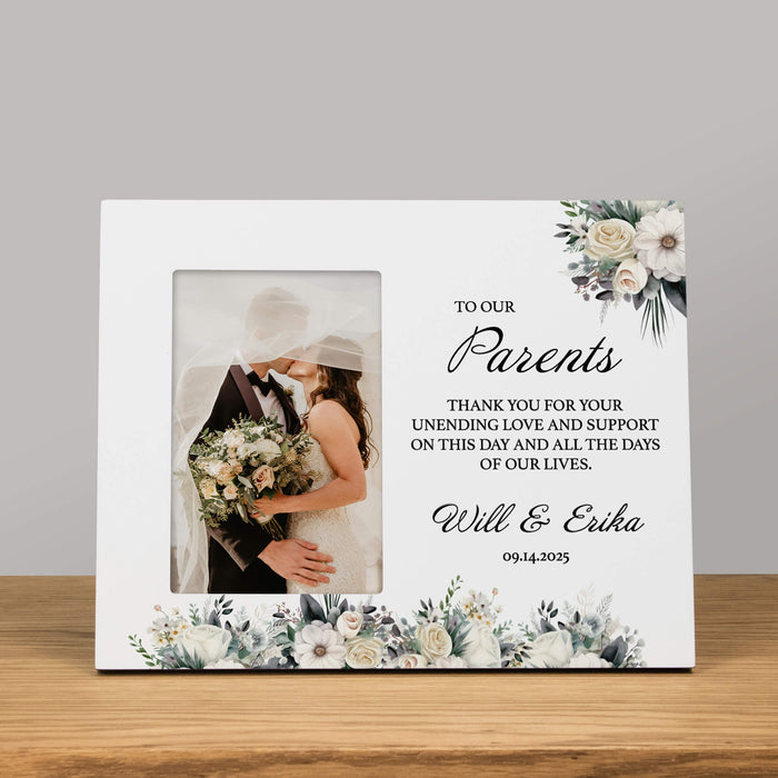 Parents "Thank You' picture frame from wedding couple decorated with dusty blue and white flowers