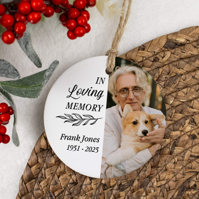 circular ceramic holiday ornament with a memorial design printed on it along with a custom photo sent in by the customer