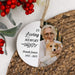 circular ceramic holiday ornament with a memorial design printed on it along with a custom photo sent in by the customer