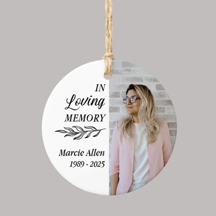 ceramic white memorial Christmas ornament printed with 'In Loving Memory,' a custom name and years of life, and a custom photo of a loved one