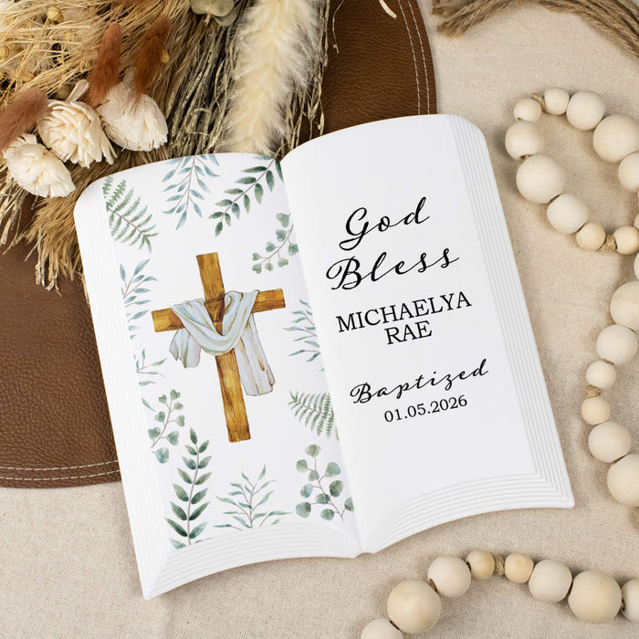 baptism keepsake ceramic open book with cross and personalized name with date baptized