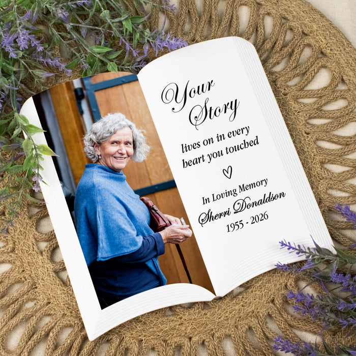 ceramic book plaque personalized memorial picture and message with name and years of life
