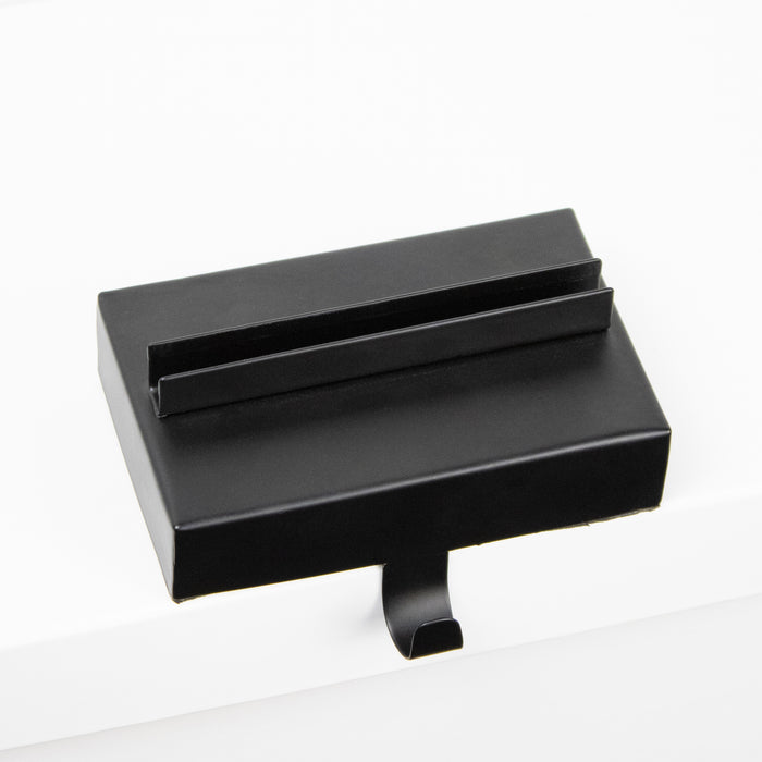 A matte black metal stocking hanger hook with a rectangular base, shown against a clean white background.