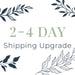 Text '2-4 Day Shipping Upgrade' with decorative leaf elements on a white background