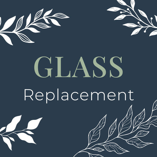 Text 'GLASS Replacement' on a dark blue background with white leaf designs.