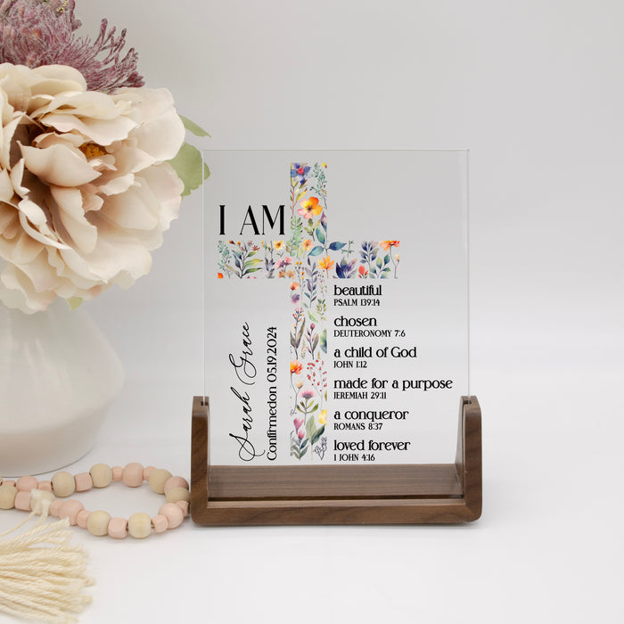 Personalized "I Am..." Bible Verse Floral Cross Plaque