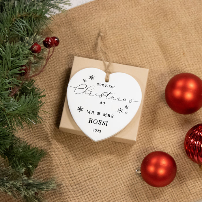 Personalized "First Christmas as Mr & Mrs" Heart Ornament